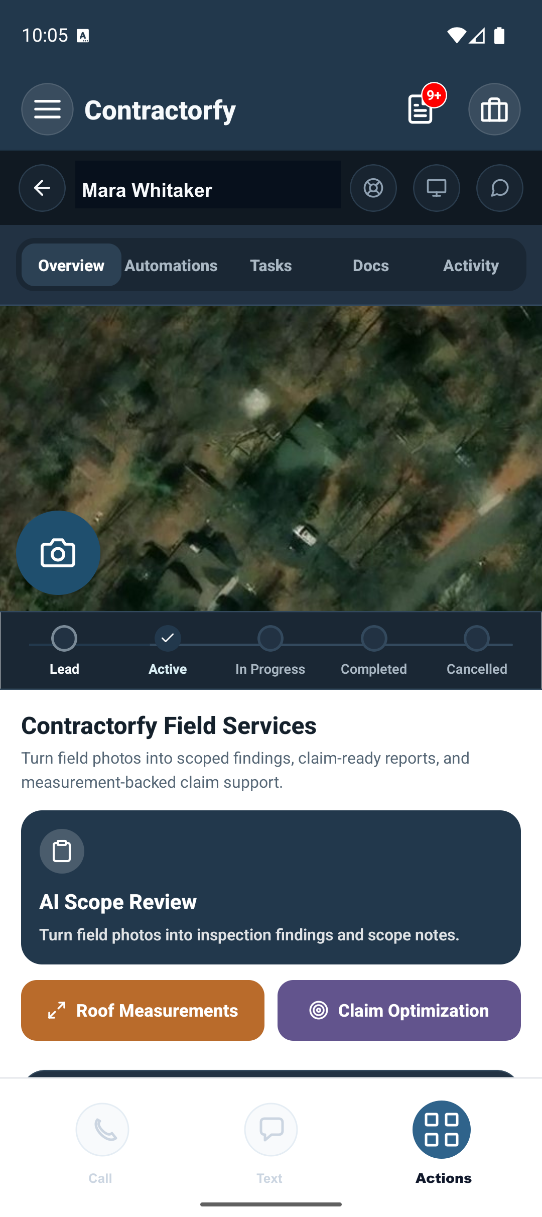 Calls, jobs, docs, tasks, pricing, and storm work. Contractorfy Android screen