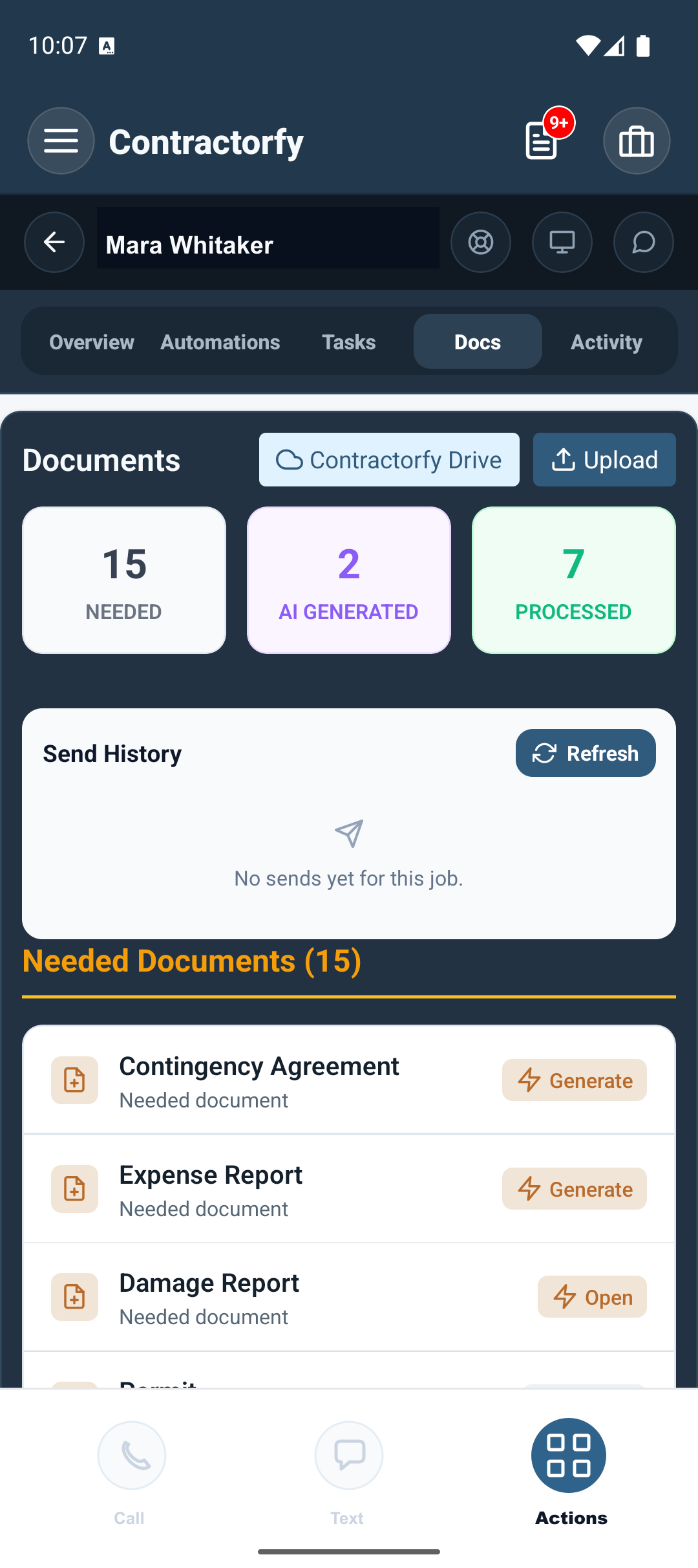 Contractorfy Android automation screen showing live workflow actions