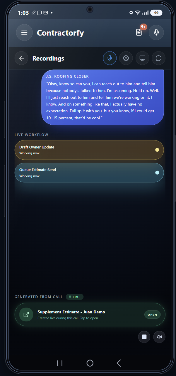 Live call capture screen Contractorfy media asset