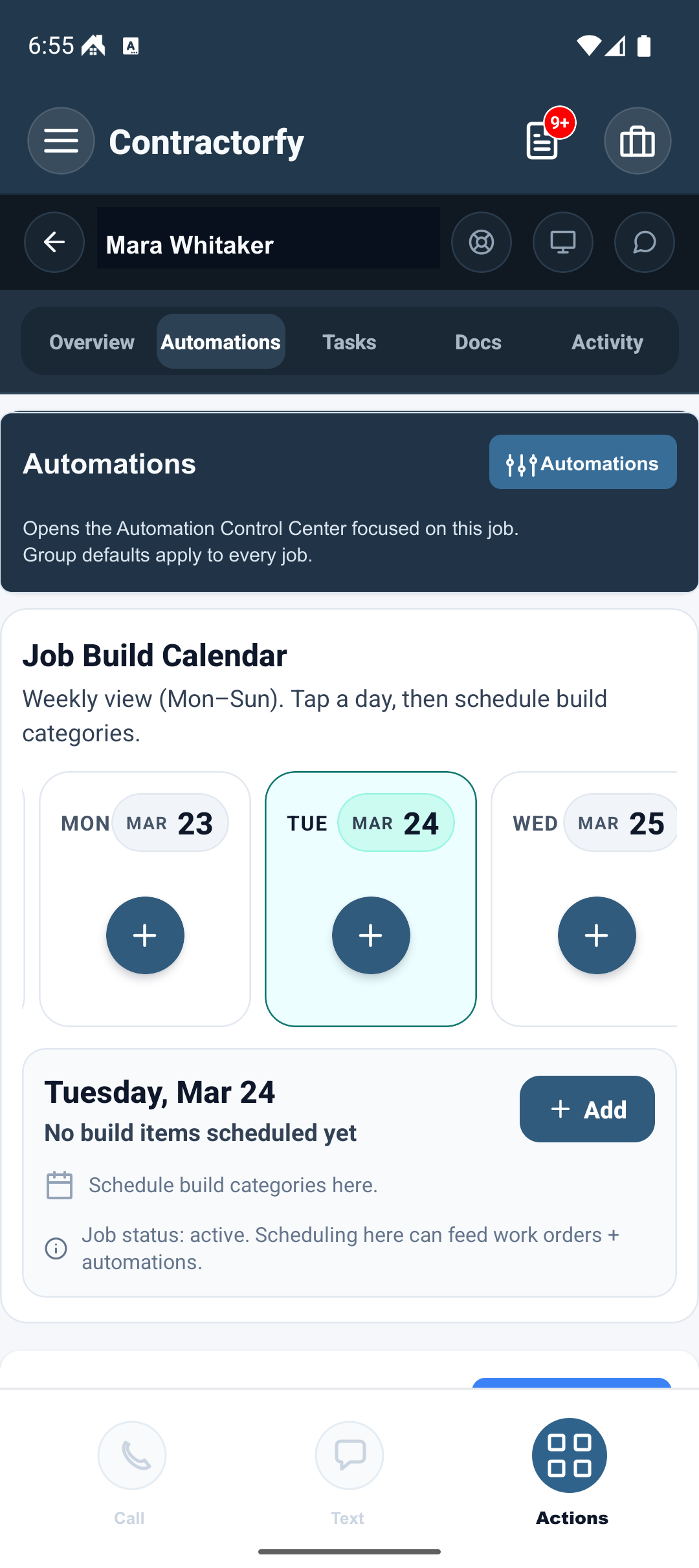 Connect intake, weather watch, claims, docs, and customer comms. Contractorfy Android workflow screen